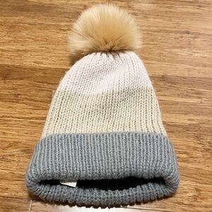Norla Canada super soft pink, gray, tan knit winter hat beanie w/ giant pom pom